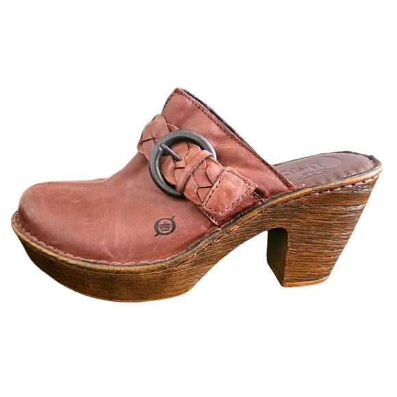 Born Brown Leather Braided Buckle Platform Slip -On Clog Size 9 - Picture 1 of 9